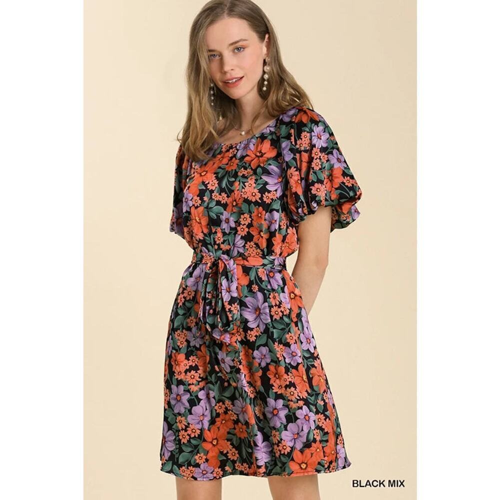Umgee Floral Print Dress with Balloon Sleeves
